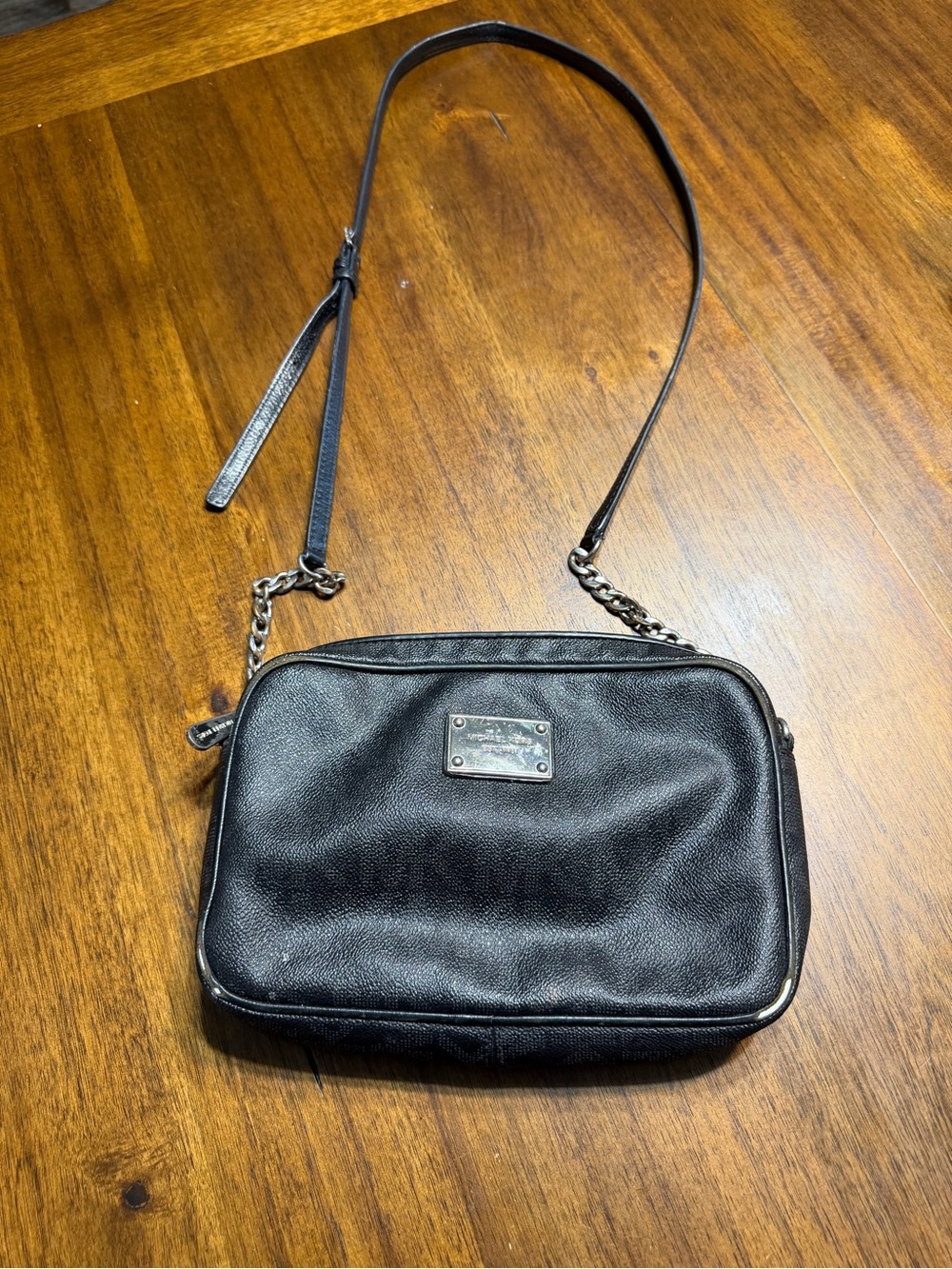 Michael Kors Black Leather Crossbody with Chain Accent